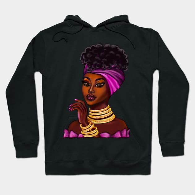 Queen Black is beautiful anime manga black girl with Gold bangles, neck ring necklace, purple dress and head wrap, brown eyes and dark brown skin ! Hoodie by Artonmytee